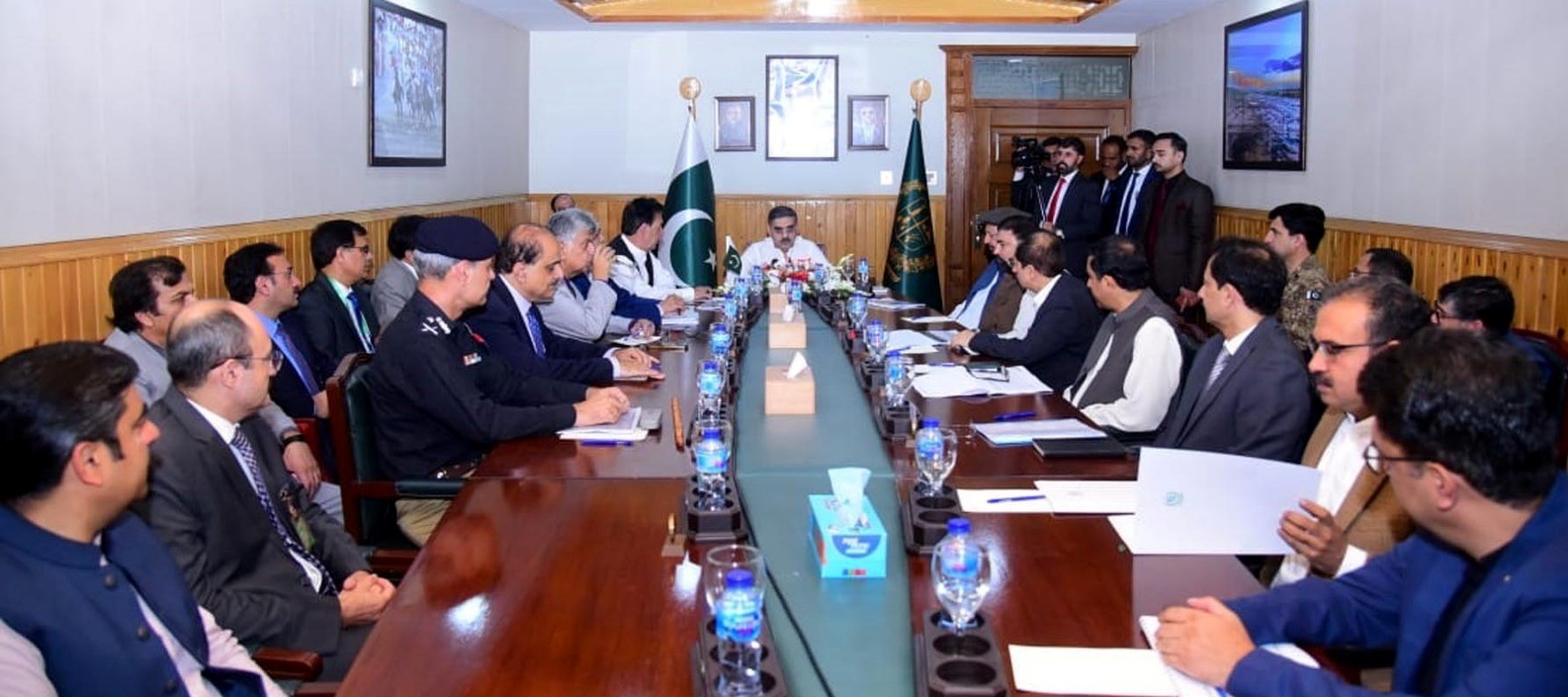 The caretaker Prime Minister Anwar-ul-Haq Kakar is presiding over a meeting in Gilgit-Baltistan regarding peace and security.